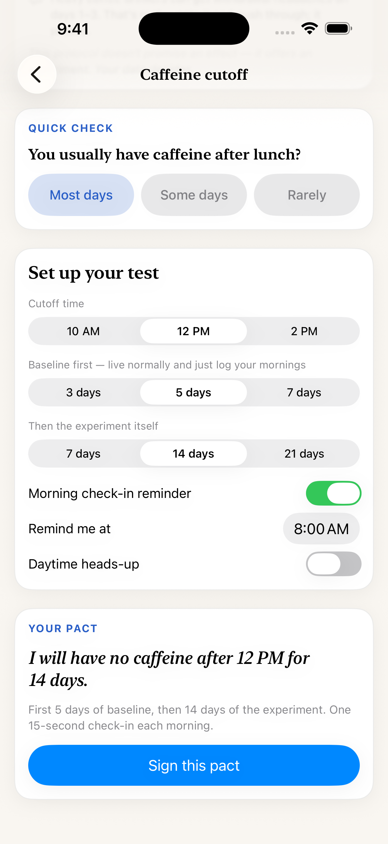 Sleep Habits: N of 1 — setting up a caffeine cutoff experiment with baseline days and a signed pact
