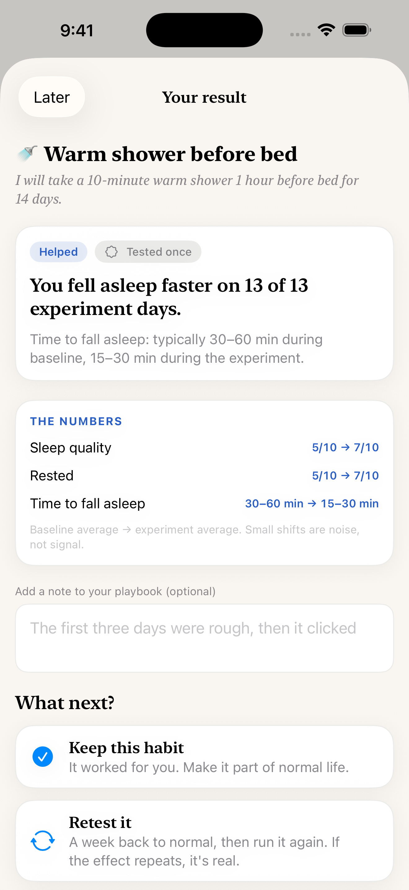 Result screen: You fell asleep faster on 13 of 13 experiment days — Helped, tested once